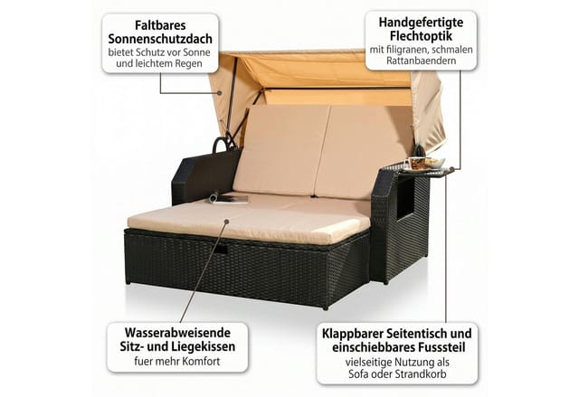 Mucola - Polyrattan Bett in schwarz inkl. Sonnendach Rattan Sofa Gartenliege Strandkorb