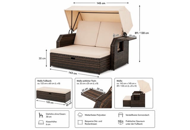Mucola - Rattan Sonnenbett Dach Rattan Braun Strandkorb Sonnenliege Liegebett Relaxliege