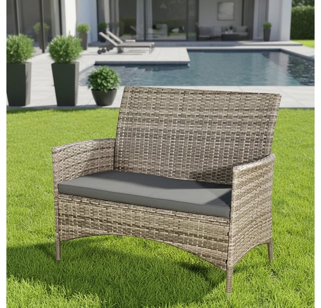 Mucola - Gartenbank Polyrattan grau mit Sitzpolster Sitzbank Rattanbank Sitzbezug