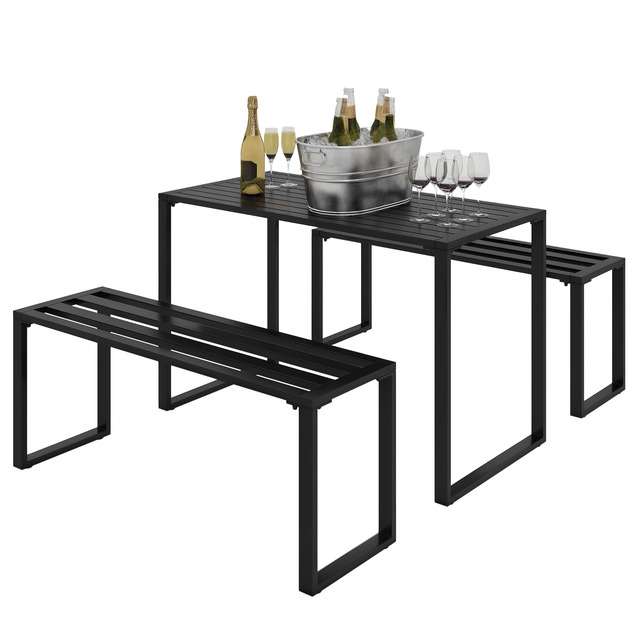 Outsunny Outdoor Möbelset Festgarnitur 3-tlg. Sitzgruppe Gartengarnitur 1 x Tisch 2 x Sitzbank Metall Schwarz 110 x 55 x 70 cm