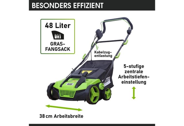 BRAST Elektro Vertikutierer 1800 Watt 38cm Arbeitsbreite großer Fangkorb für für Rasenflächen bis 800m²
