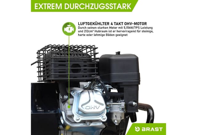 Benzin Motorhacke 5,15kW (7,0PS) 50cm Arbeitsbreite Gartenfräse Ackerfräse Bodenfräse 212ccm - Brast