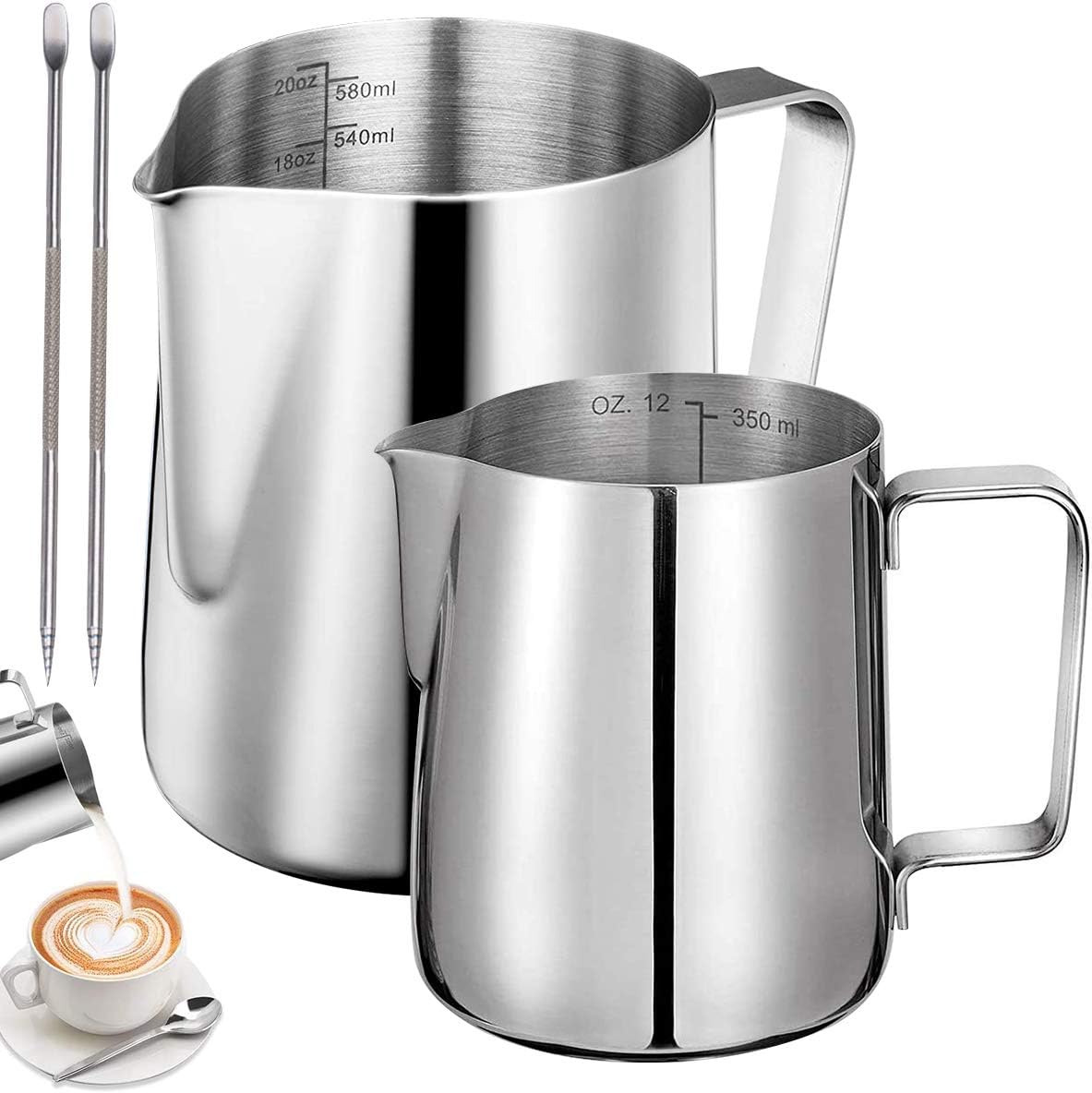 Milchkännchen Aus Edelstahl, Milchkännchen Aus Edelstahl Mit Handheber, Barista-kaffeemaschine, 350 Ml/600 Ml Kännchen Mit Messmarkierung Und Latte-art-stift Zur Zubereitung Von Cappuccino Und Espress