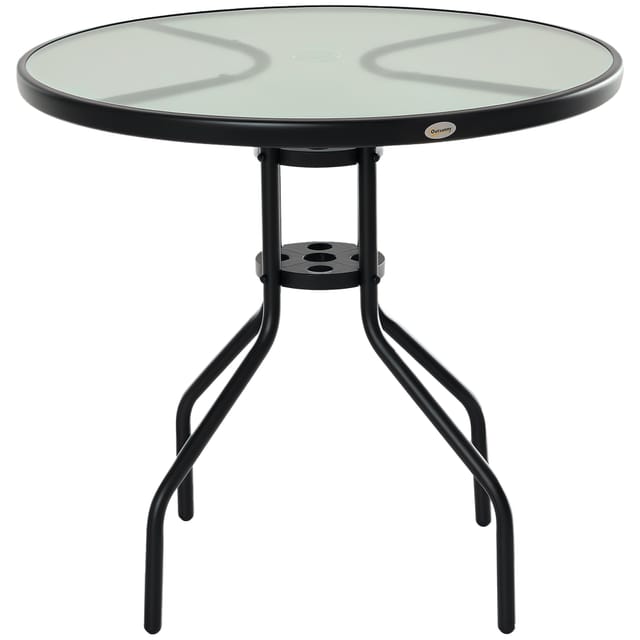 Outsunny Gartentisch Balkontisch Garten Beistelltisch Bistrotisch Gartenmöbel Mit Schirmloch Hartglas + Metall Schwarz Ø80 X 72 Cm