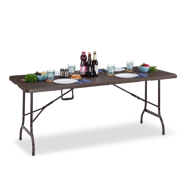 Gartentisch, Holzoptik, eckiger Klapptisch, Sicherheitsriegel, mit Tragegriff, HxBxT: 73 x 180 x 74 cm, braun - Relaxdays