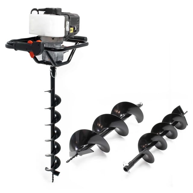 Set Erdlochbohrer mit 1,4kW und 52cm³ Benzinmotor, inklusive 100mm, 150mm und 200mm Bohrschnecken - Wiltec