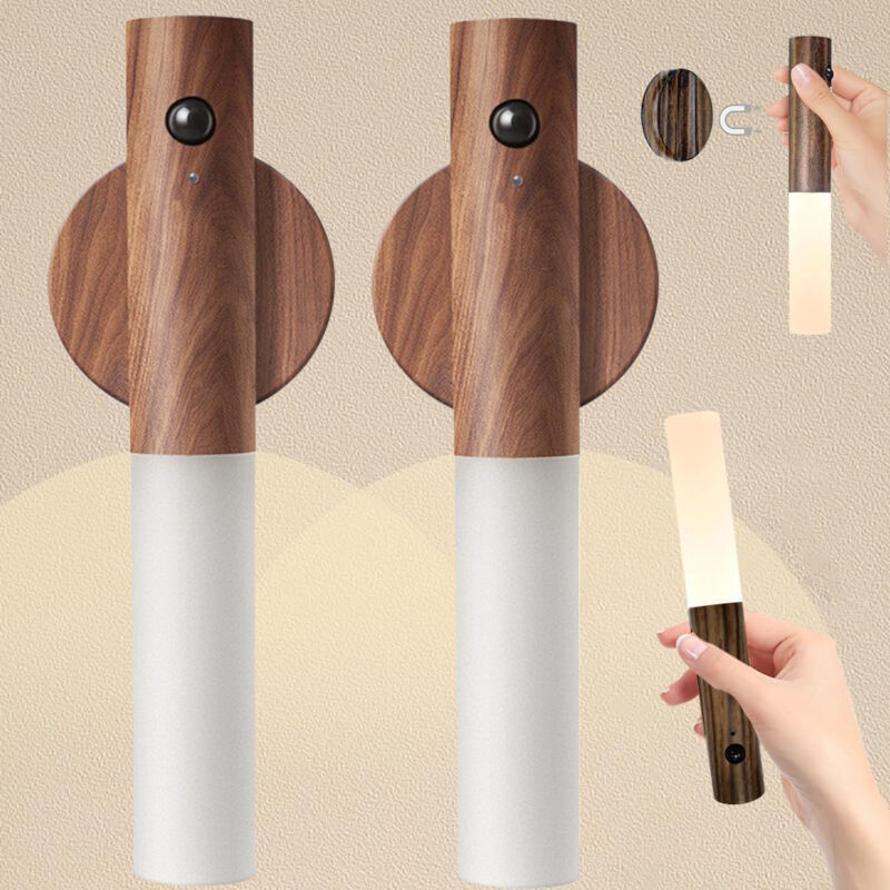 Set Mit 2 Kabellosen Magnetischen Wandleuchten, Usb-wiederaufladbaren Leds, Bewegungssensor Für Den Innenbereich, Magnetische Nachtlichter Für Treppenhäuser, Schlafzimmer, Flure (dunkelwalnussfarben)
