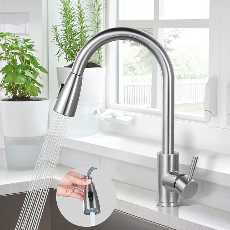 Küchenarmatur, Spültischarmatur Aus Edelstahl 304, 360° Schwenkbar Mit Ausziehbrause, Küchenarmatur Mit 2 Wasserstrahlen, Mutter Aus Gebürstetem, Bleifreiem Messing
