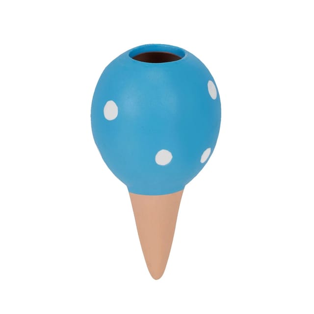 Relaxdays Tonkegel Bewässerung, 4er Set, je 100 ml, Gießkugel für Pflanzen, innen & außen, gepunktet, blau/terrakotta