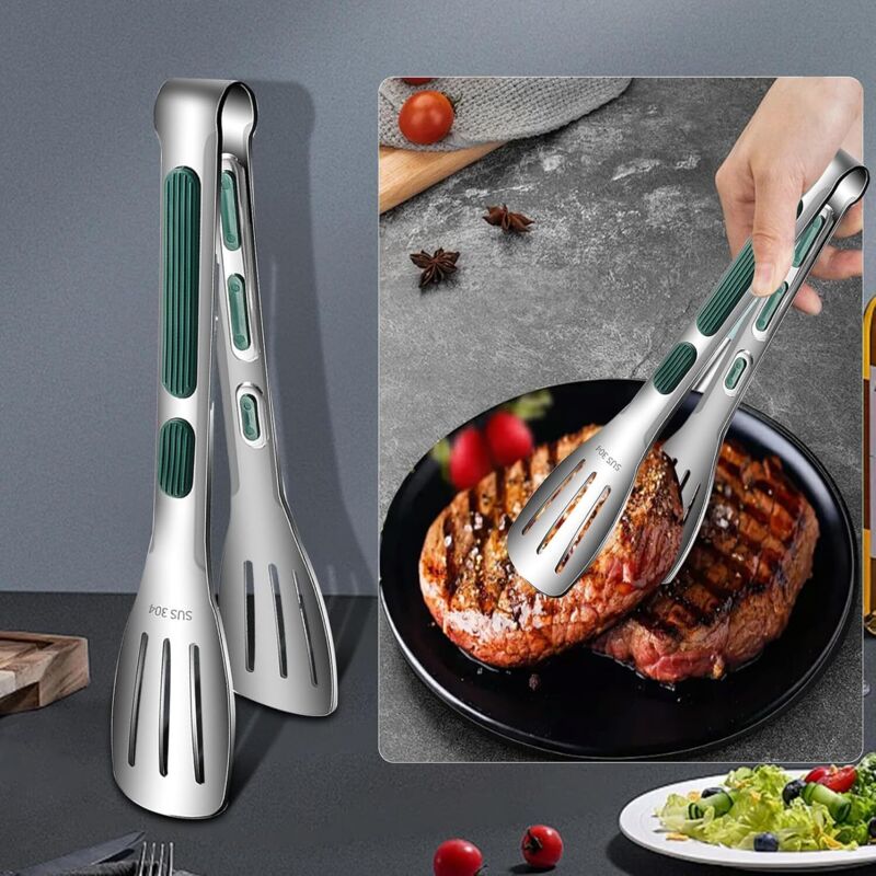 Set Aus 2 Küchenzangen Aus Edelstahl Mit Rutschfesten Silikonspitzen Und -griffen Zum Servieren, Kochen, Backen Und Grillen – Hitzebeständige Metallzange