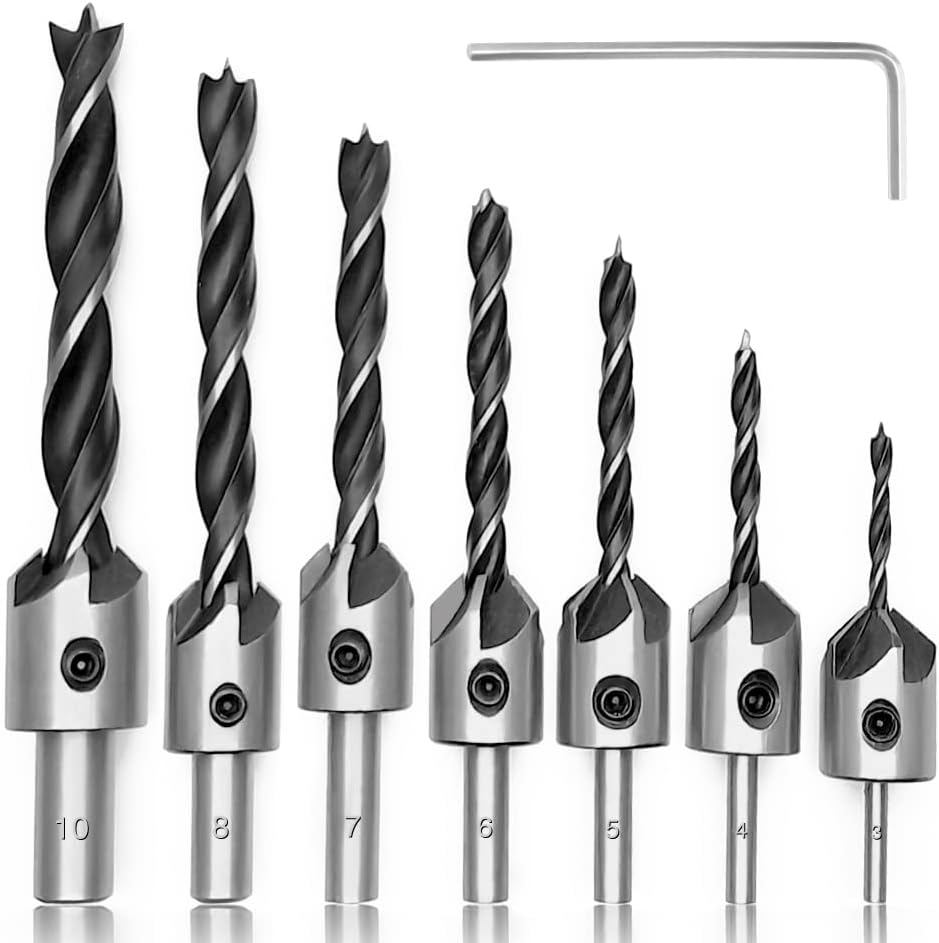 7-teiliges Set Konischer Hss-stahl-holzbohrer Mit Sechskantschlüssel Und Anfaswerkzeug, 5-schneidige Herzbohrer Für Die Tischlerei (3, 4, 5, 6, 7, 8, 10 Mm)