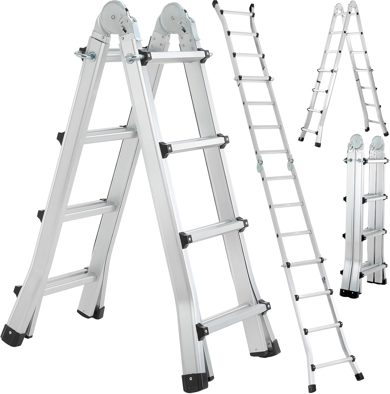 Alu Teleskopleiter 4x3 Stufen, 3.98m Ausziehbare Leiter, Aluminium multifunktionsleiter, Schiebeleiter, Mehrzweckleiter, Gelenkleiter, Klappleiter, Treppenleiter, Anlegeleiter Bis 150 Kg