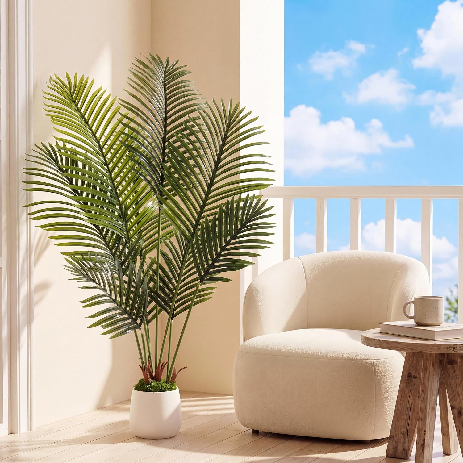 Künstliche Palme 120cm,9 Dunkel-und Hellgrüne Blätter,verstärkter Weißer Übertopf Mit Künstlich Blattscheide,sattgrün Und Täuschend Echt,einfache Montage Für Innen Deko,plüschmoos,2pcs Moduls