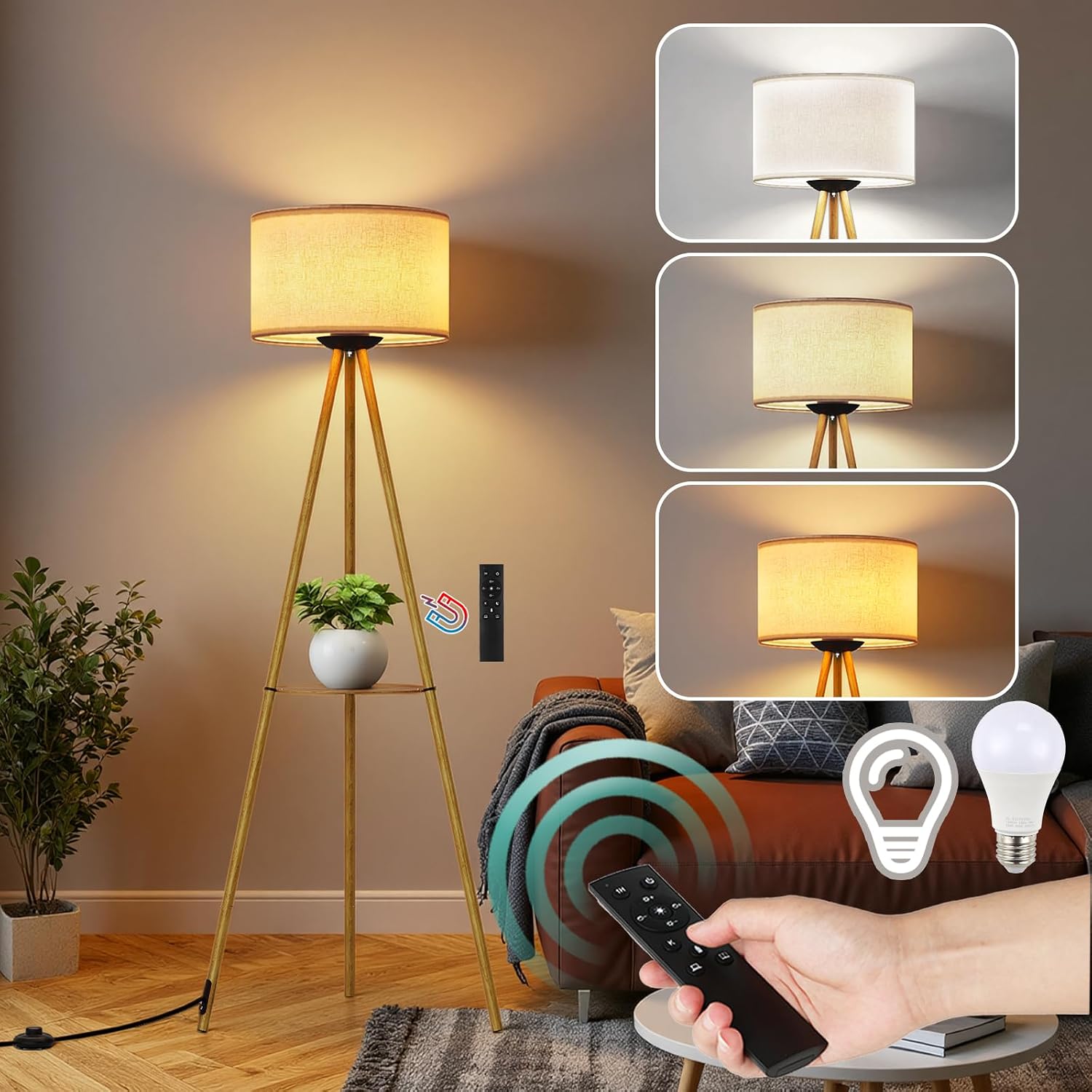 Dreibein Stehlampe Wohnzimmer, Stehlampe Dimmbar, 3 Farbtemperatur ,leinen-clampenschirm,regal,fernbedienung,für Wohnzimmer,schlafzimmer,büro,mit E27 Led Glühbirne
