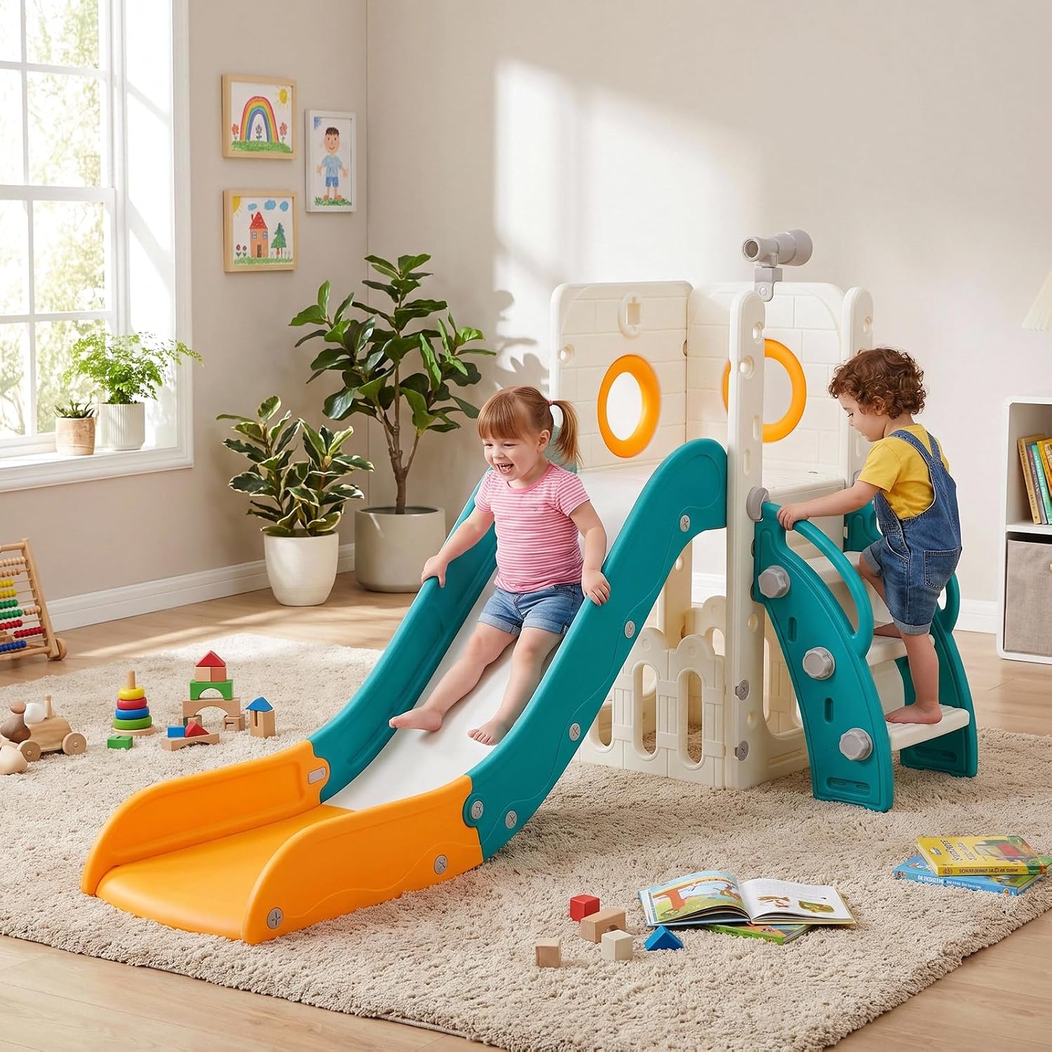 Kinderrutsche, Indoor & Outdoor Rutsche Ab 1 Jahre, Freistehende Rutsche Für 1-3 Jahre, Mit Stauraum & Spielteleskope, Gartenrutsche, Kinder Spielplatz, Mit 2pcs Moduls, Gelbgrün