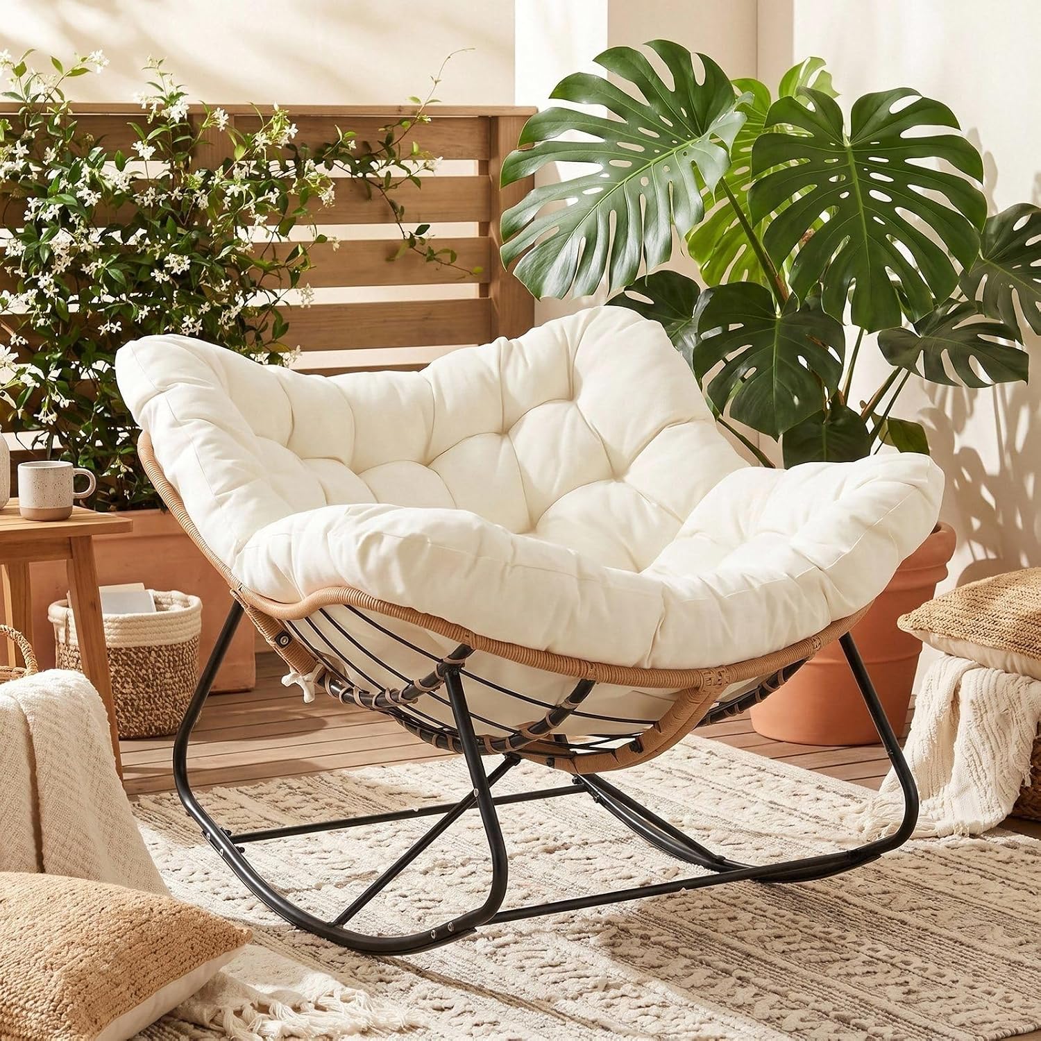 Schaukelstuhl Mit Rattan, Ei-schaukelstuhl, Belastung 150 Kg, Beige schaukelsessel Oversized, Mit Dickem Abnehmbar Polster, Metallrahmen, Loungesessel Für Garten Balkon Wohnzimmer