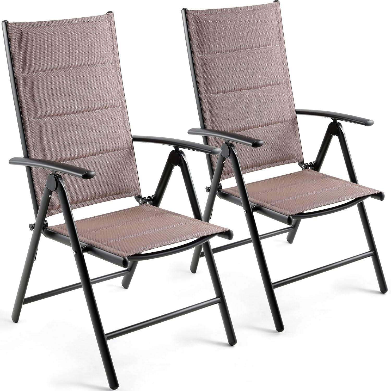 Gartenstühl Hochlehner, 2er Set Balkonstuhl Mit Gesteppte,aluminium 7-fach Verstellbar,bis 120 Kg, Kissen Rückenlehne Sitzfläche, Outdoor Esszimmerstuhl, Armlehnen Klappstuhl, Braun
