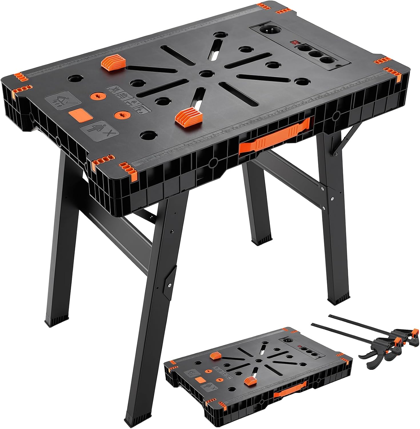 Klappbare Werkbank Mit Steckdose, Tragbare Werktisch Ein-klick sägebock Arbeitstisch Inkl. 2 Pcs Einhandzwinge, Für Werkstatt, Garage, Baustelle & Diy, Bis 300-500 Kg, 86 X 55 × 79cm
