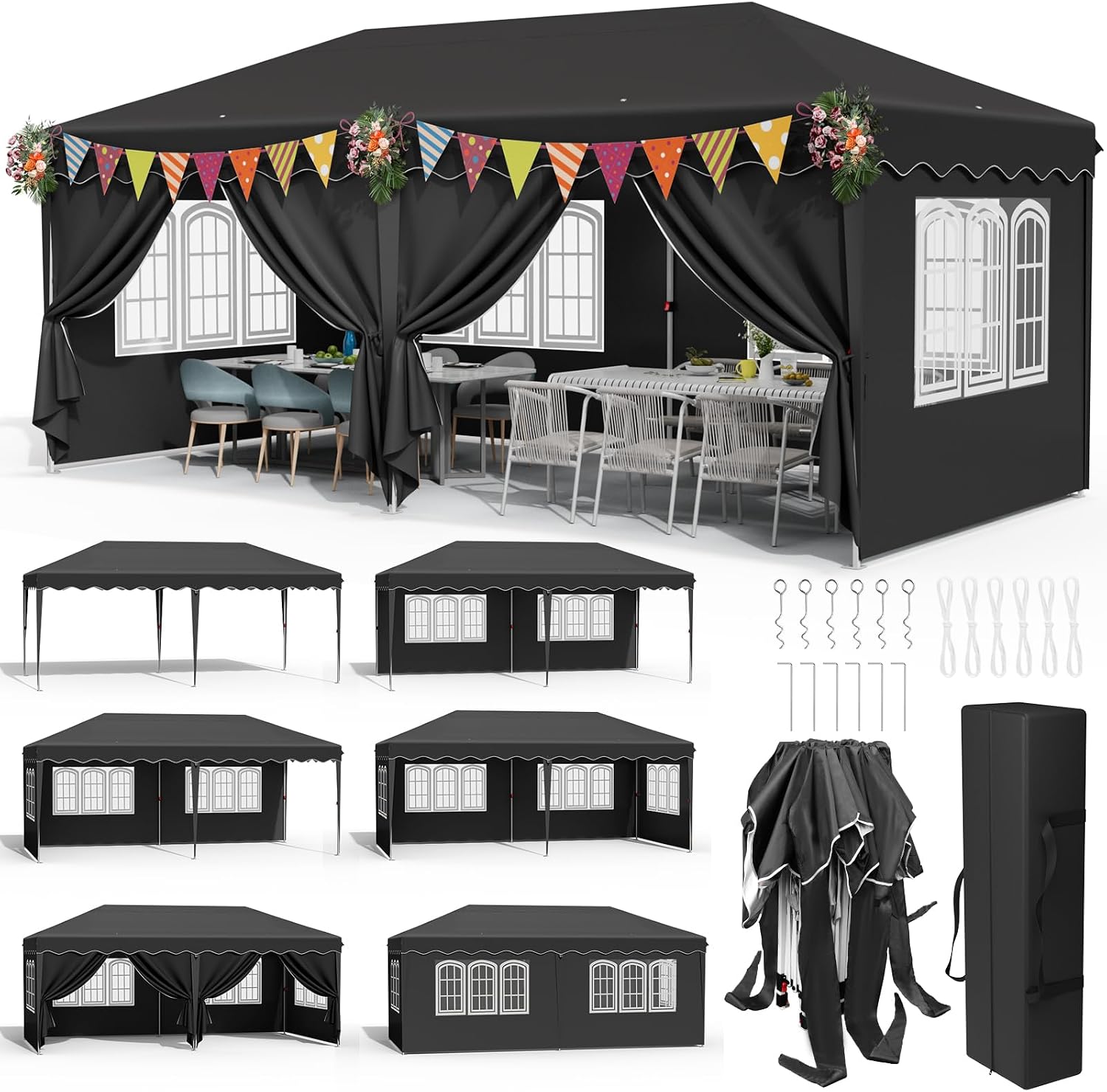 Pavillon 3 X 6, One Push Faltpavillon Wasserdicht, Pop Up Pavillon gartenpavillon Winterfest Mit 6 Seitenteilen, Partyzelt Mit 12 Erdhaken, Für Strand Festival Camping Markt Hochzeit, Schwarz