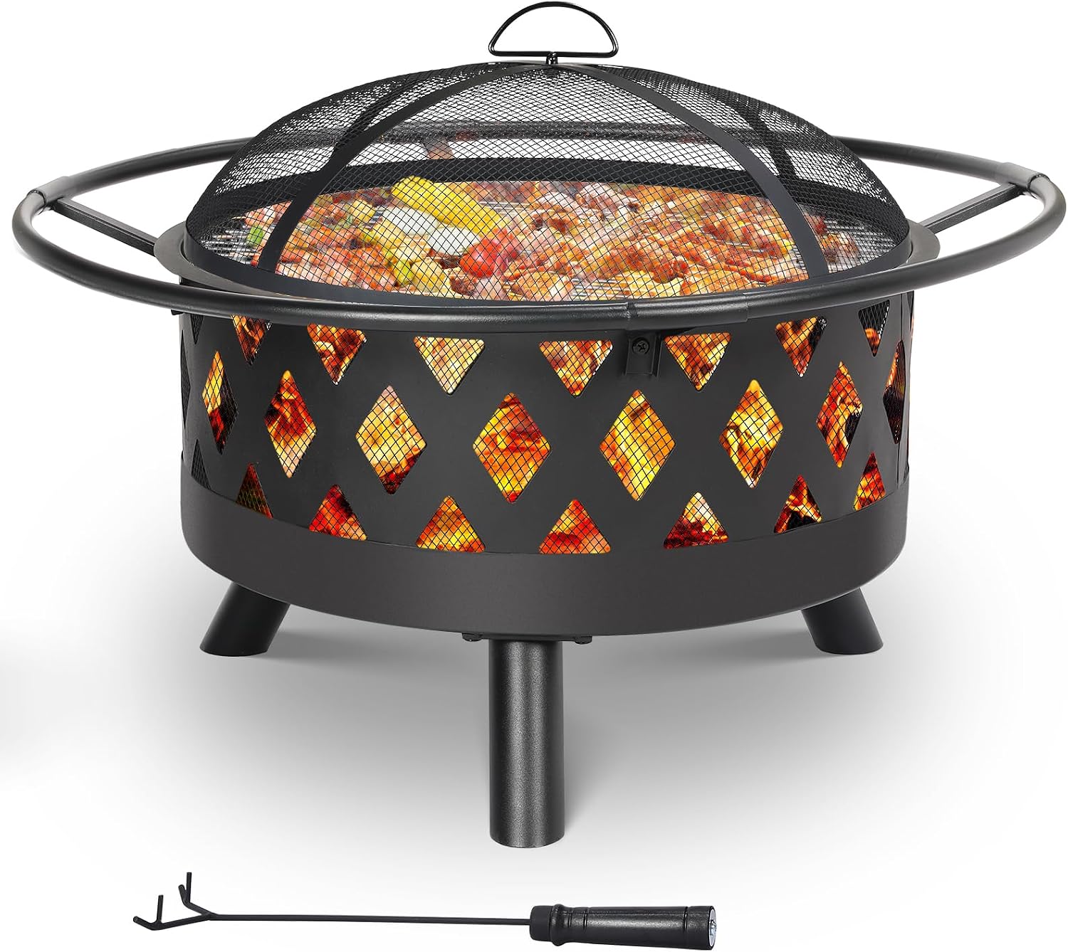 Feuerschale, Ø 80cm Feuerkorb Mit Funkenschutz Und Schürhaken, Feuerschalen Für Den Garten Groß, Bbq Feuerstelle Outdoor Mit Grill, 3pcs Beine, Retro-look Fire Pit, Zum Grillen Und Heizen
