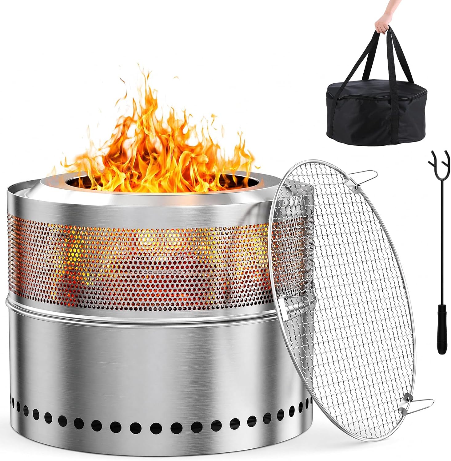 Rauchfreie Feuerschale Edelstahl 50cm, Tragbare Feuerkorb Edelstahl feuerstelle Outdoor Mit Grillrost,schürhaken,tragetasche,feuertonne Raucharme Camping,feuerschalen Für Garten Balkon Terrasse
