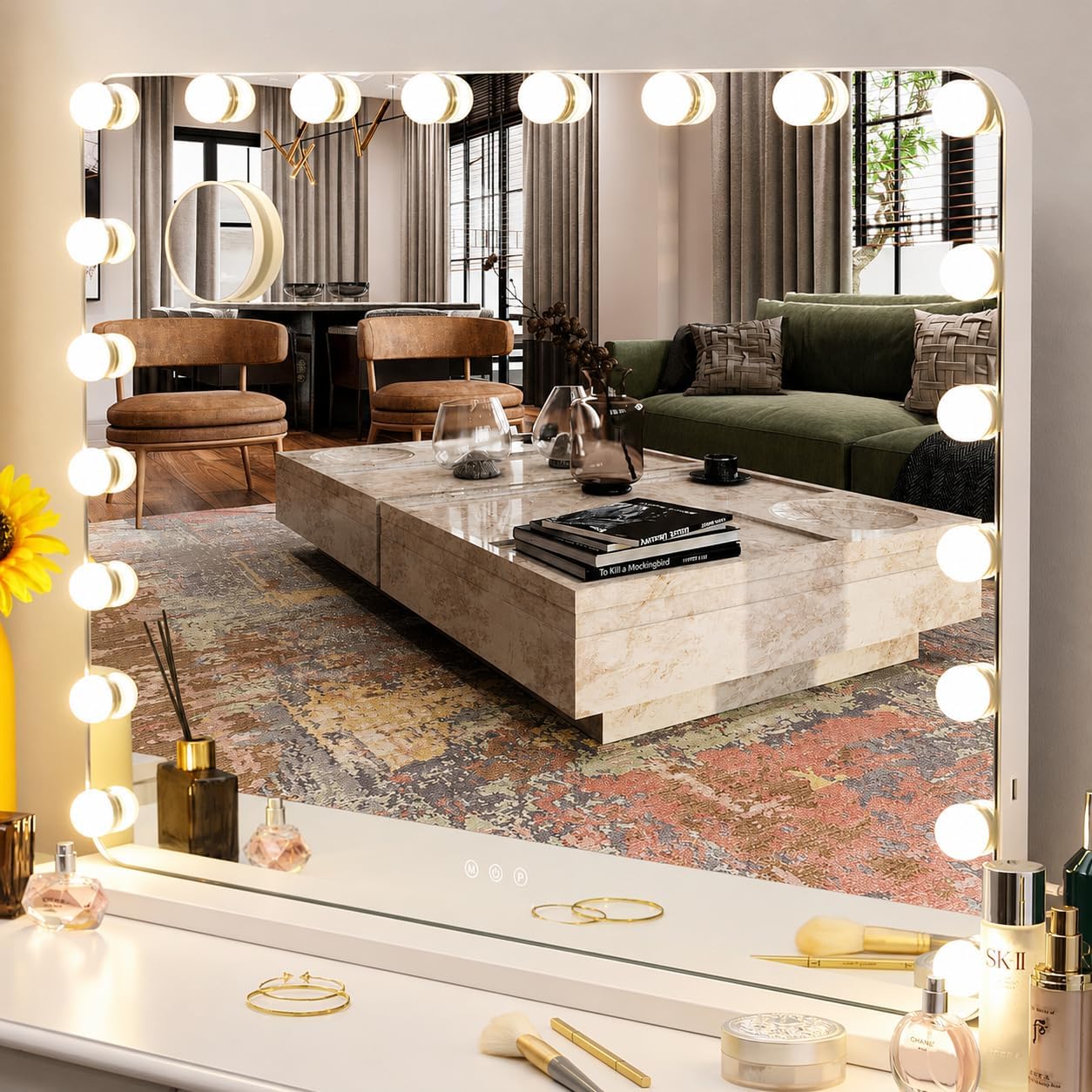 Hollywood Spiegel 80x60 Cm,schminkspiegel Mit Beleuchtung, 20 Led 3 Lichtfarben, Enstellbare Helligkeit, Mit Usb Und 10xlupe, Spiegel Mit Licht