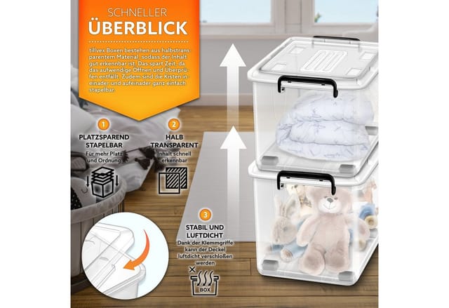 Tillvex - Aufbewahrungsboxen mit Deckel 6er Set - 13L, lebensmittelecht Kunststoff Boxen Set stapelbar Aufbewahrung Ordnungssystem Box groß