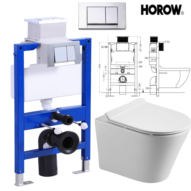 Komplettset Vorwandelement Spülkasten + Spülrandlos Hänge wc Wand Toilette mit Soft Close wc Sitz + Betätigungsplatte - Horow