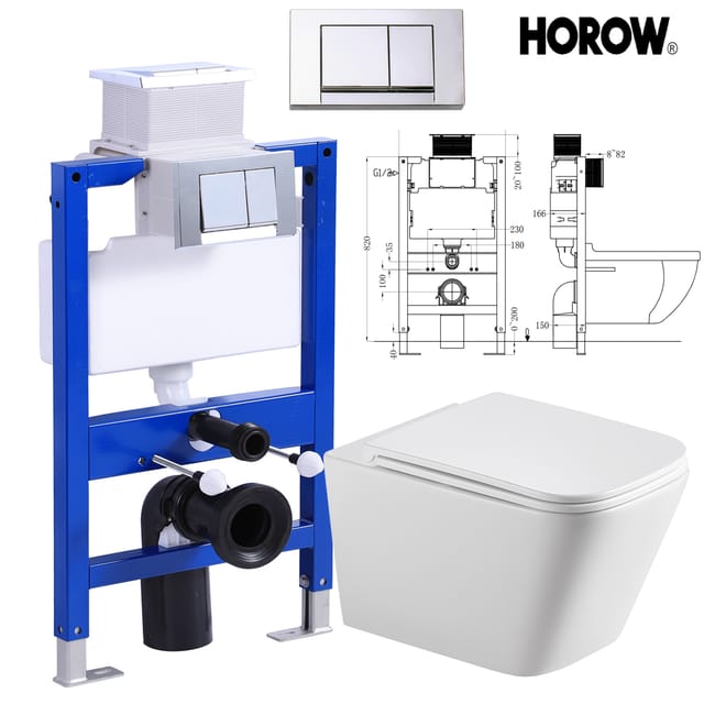 Spülrandlos Hänge Wc Komplettpaket Mit Wc Sitz Mit Absenkautomatik Aus Keramik - Gäste Wand Wc Toiletten Mit Einloch-superspin-spülung + 82 Cm Vorwandelement Mit Betätigungsplatte