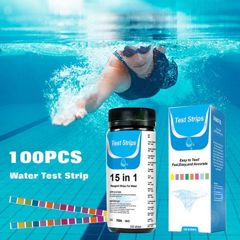 Packung 15-in-1 Ph-teststreifen Für Schwimmbäder – Packung Mit 100 Stück. Trinkwassertester Für Schwimmbäder, Whirlpools, Aquarien Und Teiche – Ph-teststreifen Zur Bestimmung Von Wasserhärte, Blei, Ni