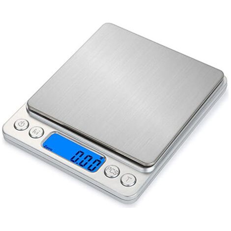 Ahlsen – Hochpräzise Küchenwaage 500 G/0,01 G – Beleuchtetes Lcd-display – Tara-funktion, Stückzähler, 2 Edelstahlplattformen