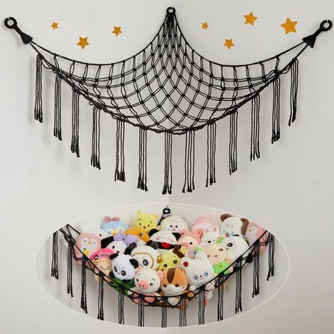 1 Hängematte Zur Aufbewahrung Von Spielzeug, Boho-hängematte Für Plüschtiere, Hängeregal Für Kinderzimmer, Schwarz
