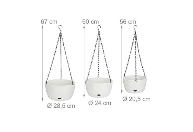 Relaxdays - Blumenampel mit Wasserspeicher, Set, 3 Größen, Selbstbewässerung, außen & innen, hängender Blumentopf, weiß