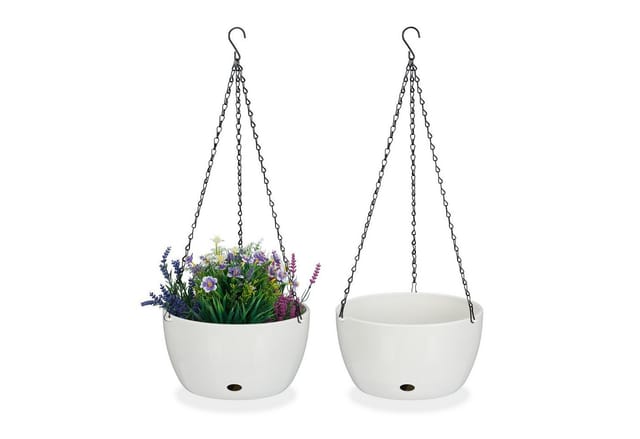 Relaxdays Blumenampel mit Wasserspeicher, 2er Set, HxD 67x28,5 cm, außen & innen, hängender Blumentopf, Kunststoff, weiß