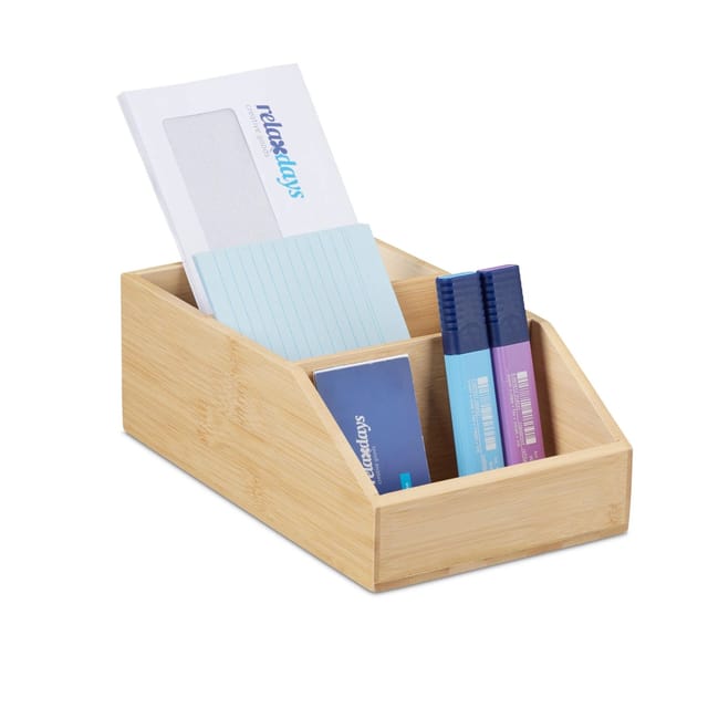 Schreibtisch Organizer, Bambus Ordnungssystem, 3 Fächer, h x b x t: 9 x 15,5 x 25,5 cm, Schreibtischbox, natur - Relaxdays