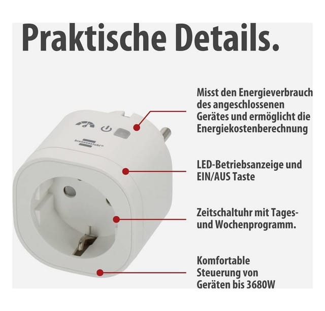 Brennenstuhl - 1294880 Wi-Fi Smarte WLAN-Steckdose Innenbereich, Steckdose 3680 w