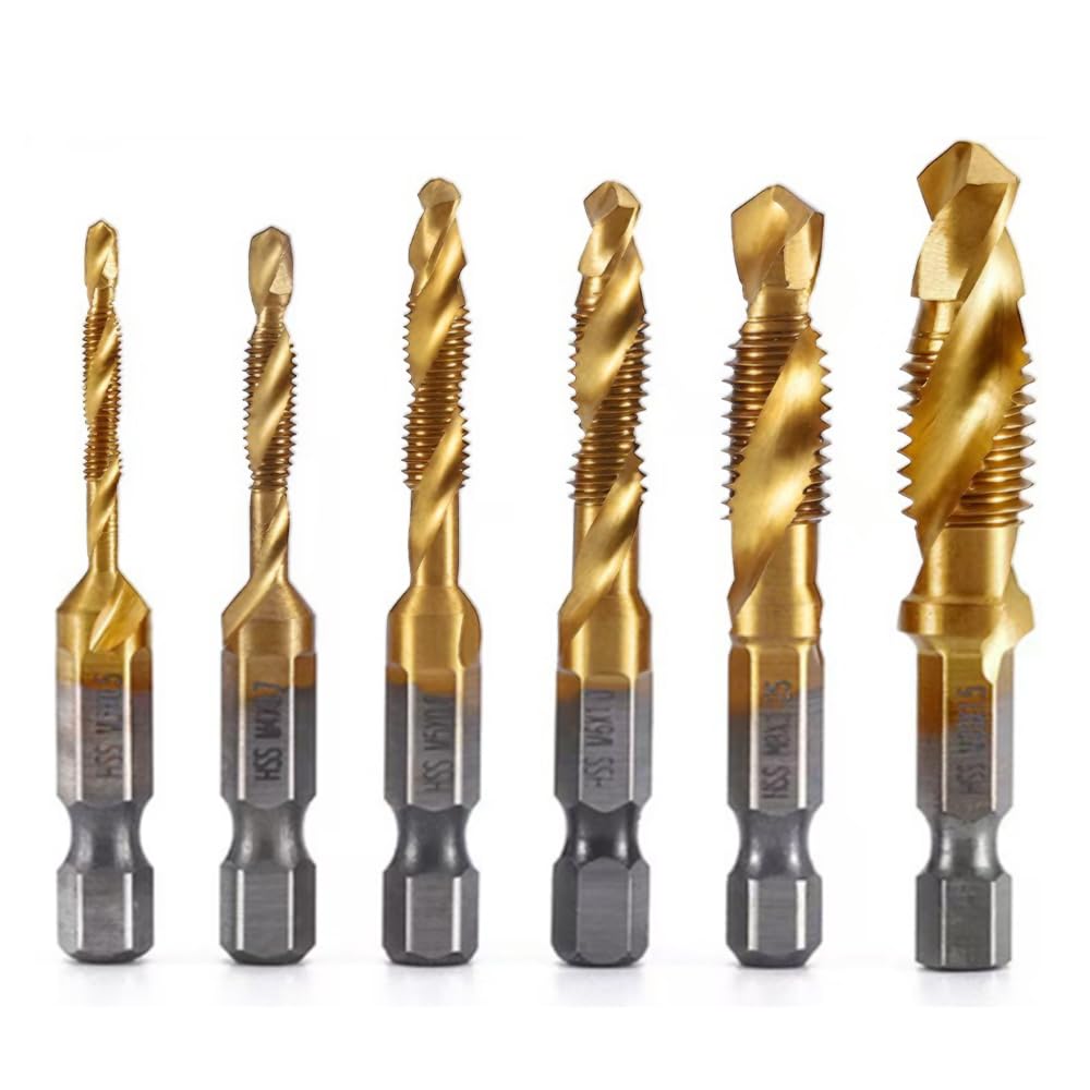 6er-set Titanbeschichtete Bohrer – Hss-gewindebohrer – Sechskantschaft M3 Bis M10 – Für Holz, Kunststoff Und Metall