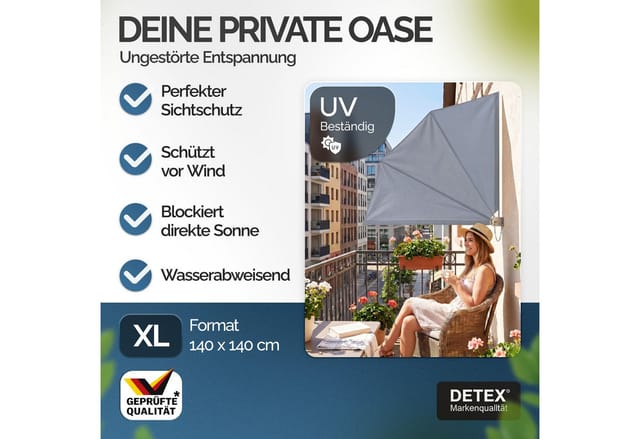 DETEX® Balkonfächer Sichtschutz 140x140cm Wetterfest UV-beständig Faltbar Terrasse Seitenmarkise Sonnenschutz Trennwand mit Wandhalterung anthrazit