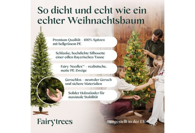 FAIRYTREES Weihnachtsbaum künstlich 180cm Nordmanntanne SLIM Premium Tannenbaum Holzständer Made in EU Christbaum künstlich mit Naturgetreue