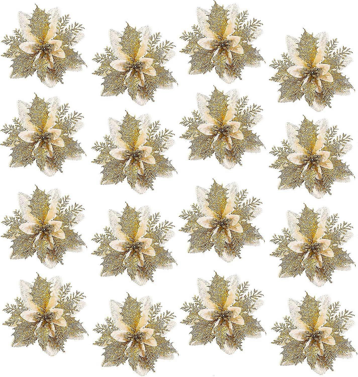 16-teiliges Set Glitzernder Weißgoldener Weihnachtsblumen, Christbaumschmuck, Künstliche Weihnachtssternblumen