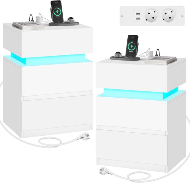 Nachttisch 2er Set, Nachtschrank mit Ladefunktion, LED-Beleuchtung 25 Lichtfarben, Nachtschrank mit 2 Schubladen 1 Fach, Kabelführung, Nachtkommode