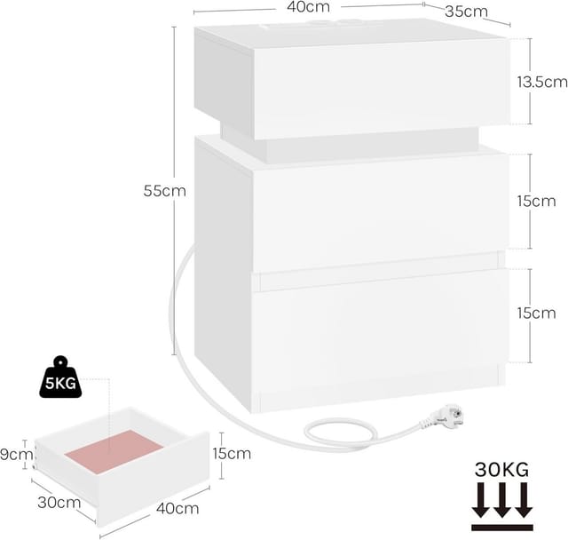 1x Nachttisch, Nachtschrank mit Ladefunktion, LED-Beleuchtung 25 Lichtfarben, Nachtschrank mit 2 Schubladen 1 Fach, Kabelführung, Nachtkommode