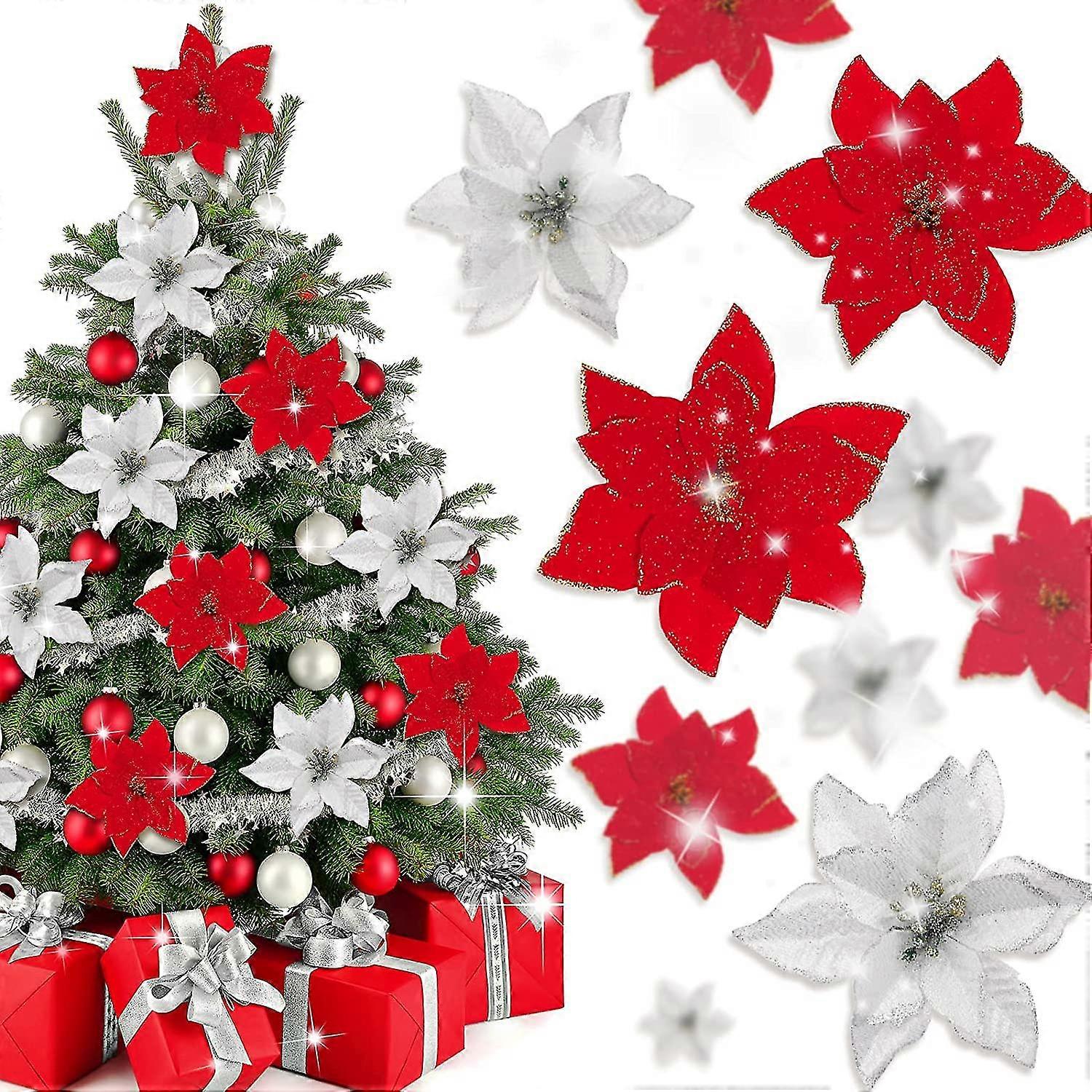 40 Künstliche Weihnachtssternblumen Mit 40 Clips Und 40 Stielen, Rot-silberner Glitzer