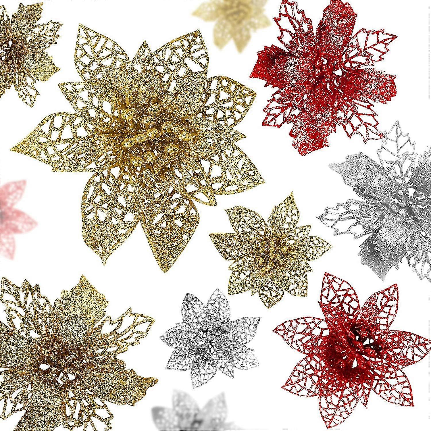 12 Künstliche Weihnachtssternblumen Mit Glitzer