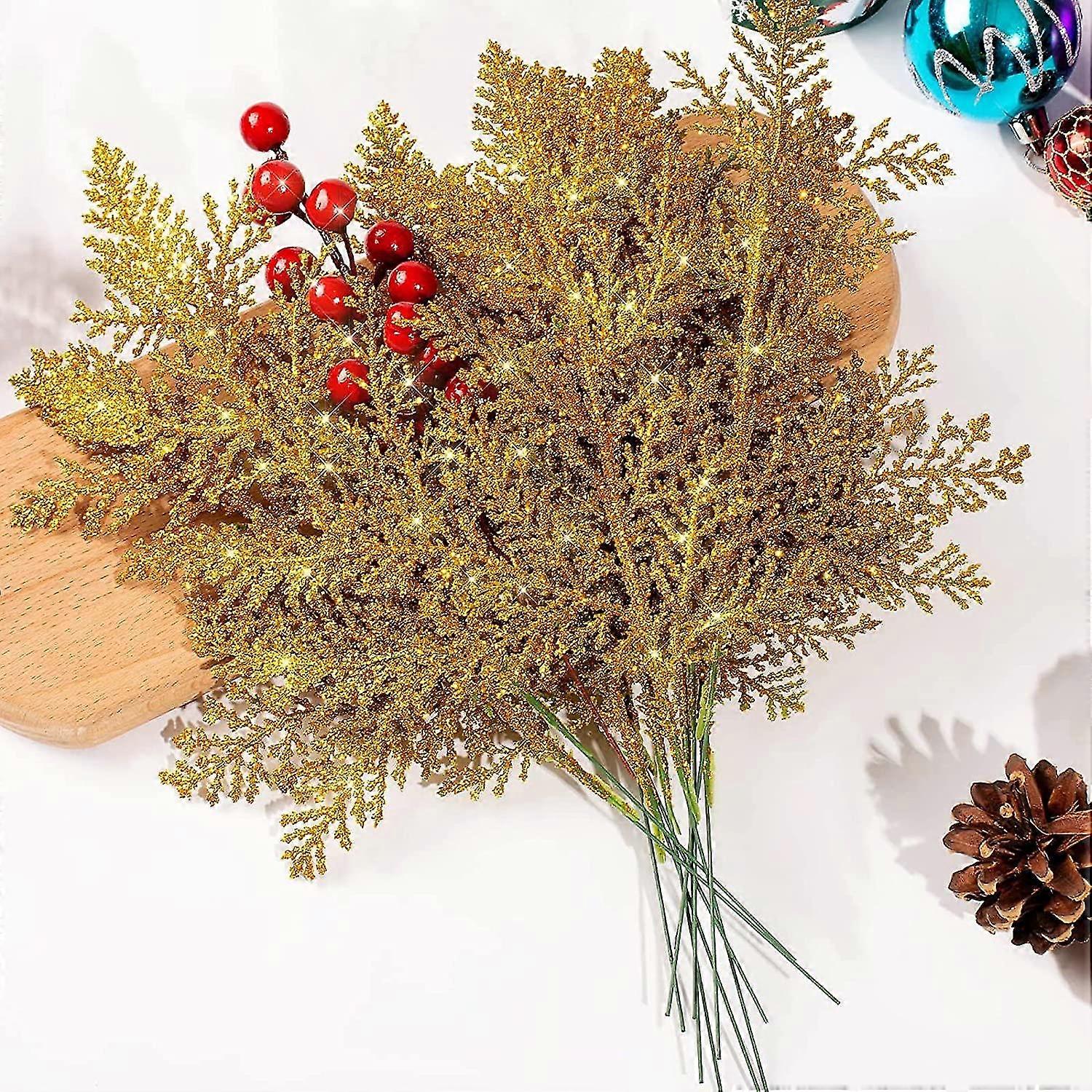 22 Künstliche Weihnachtszweige Mit Tannennadeln – Glitzernde Künstliche Weihnachtszweige – Gold