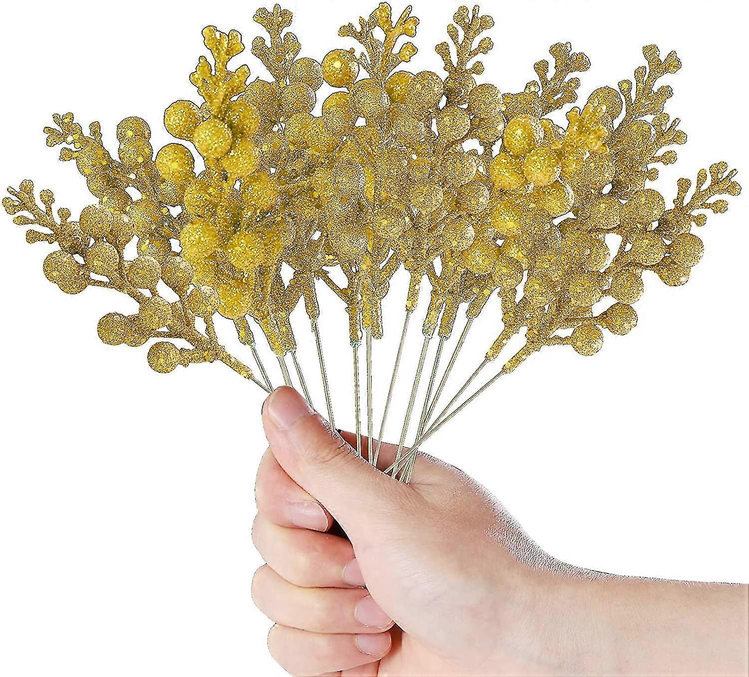 24 Künstliche Glitzerbeerenstiele, 24 Cm Lang, Weihnachtszweige Mit Stechpalmenbeeren, Beerenstecker, Blumenstecker