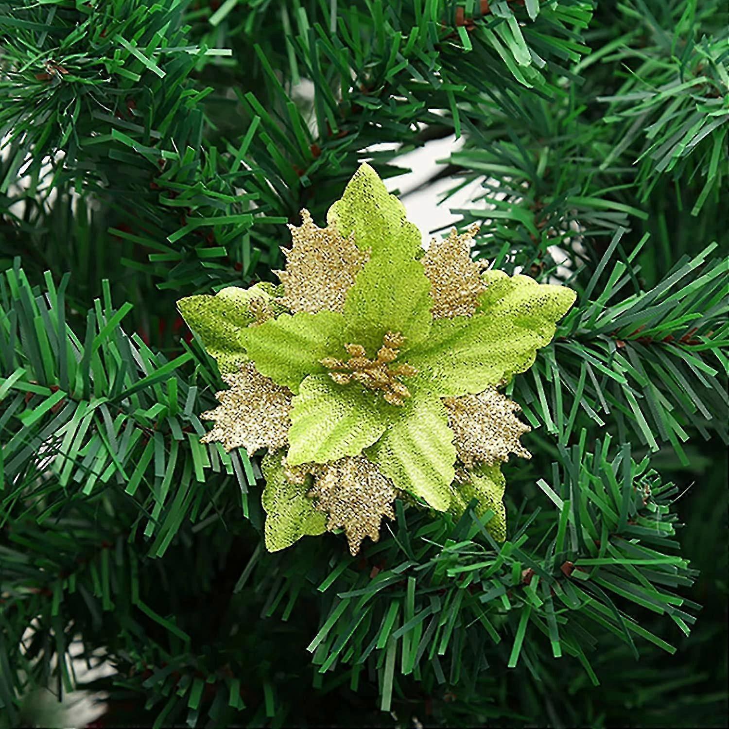 12er-pack Künstliche Weihnachtssternblüten Für Glitzernde Weihnachtsbaumdekoration Mit Grünem Sv