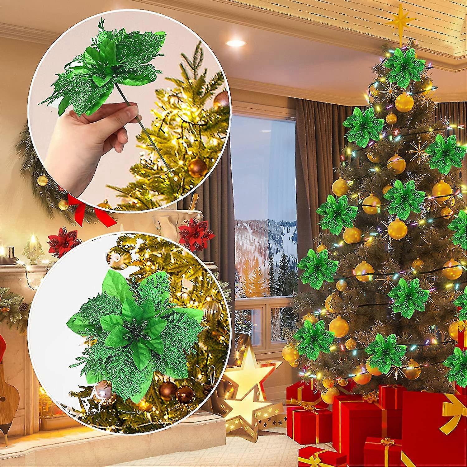 16 Künstliche Weihnachtssternblumen In Armeegrün Mit Clips Und Stielen, Glitzernde Weihnachtsblumen, Weihnachtsstern