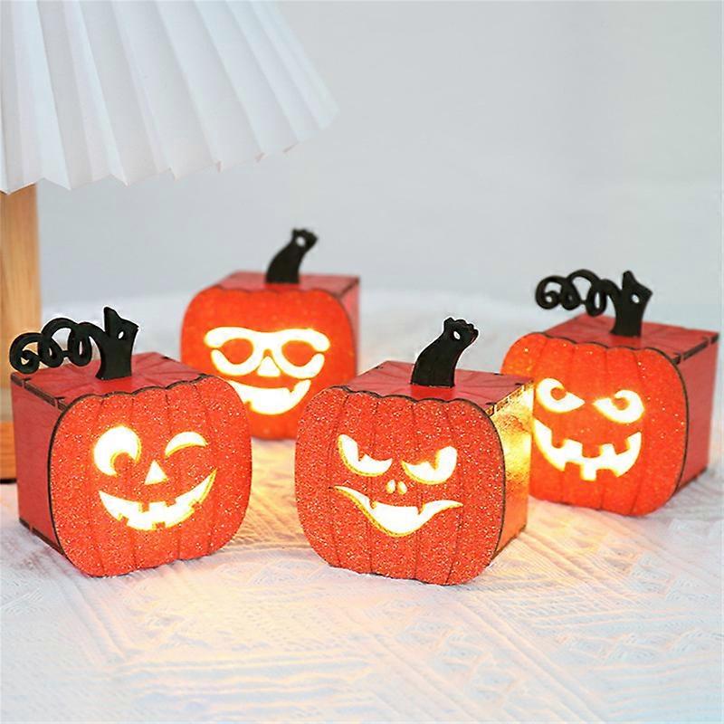 4er-set Halloween-kürbislampen Aus Holz, Kürbis- Und Totenkopflampen Mit Schwarzer Katze Für Die Dekoration Von Kaminsims Und Kamin Im Innen- Und Außenbereich