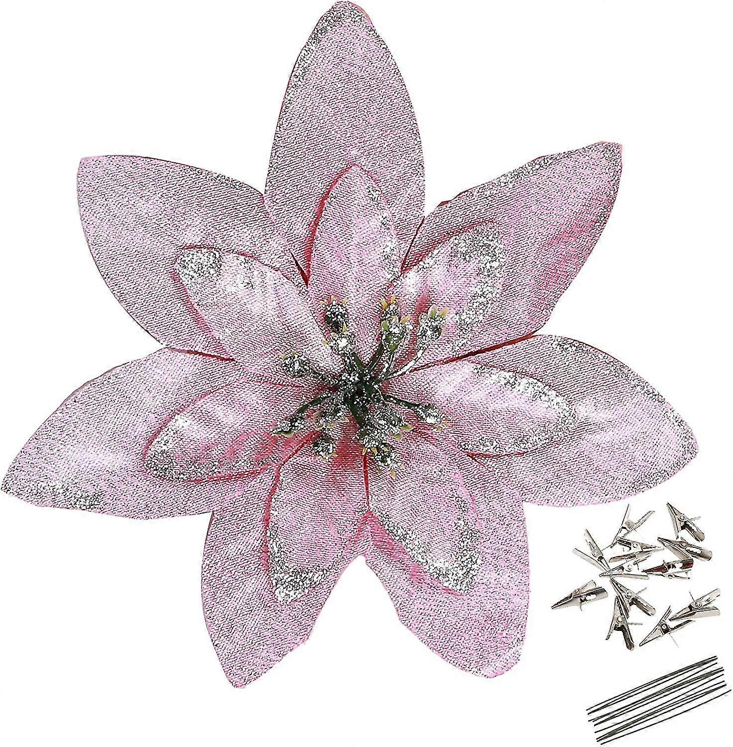 12er-packung 15 Cm Große, Rosafarbene, Glitzernde Weihnachtssternblüten, Dekorative Künstliche Weihnachtssternblüten Für